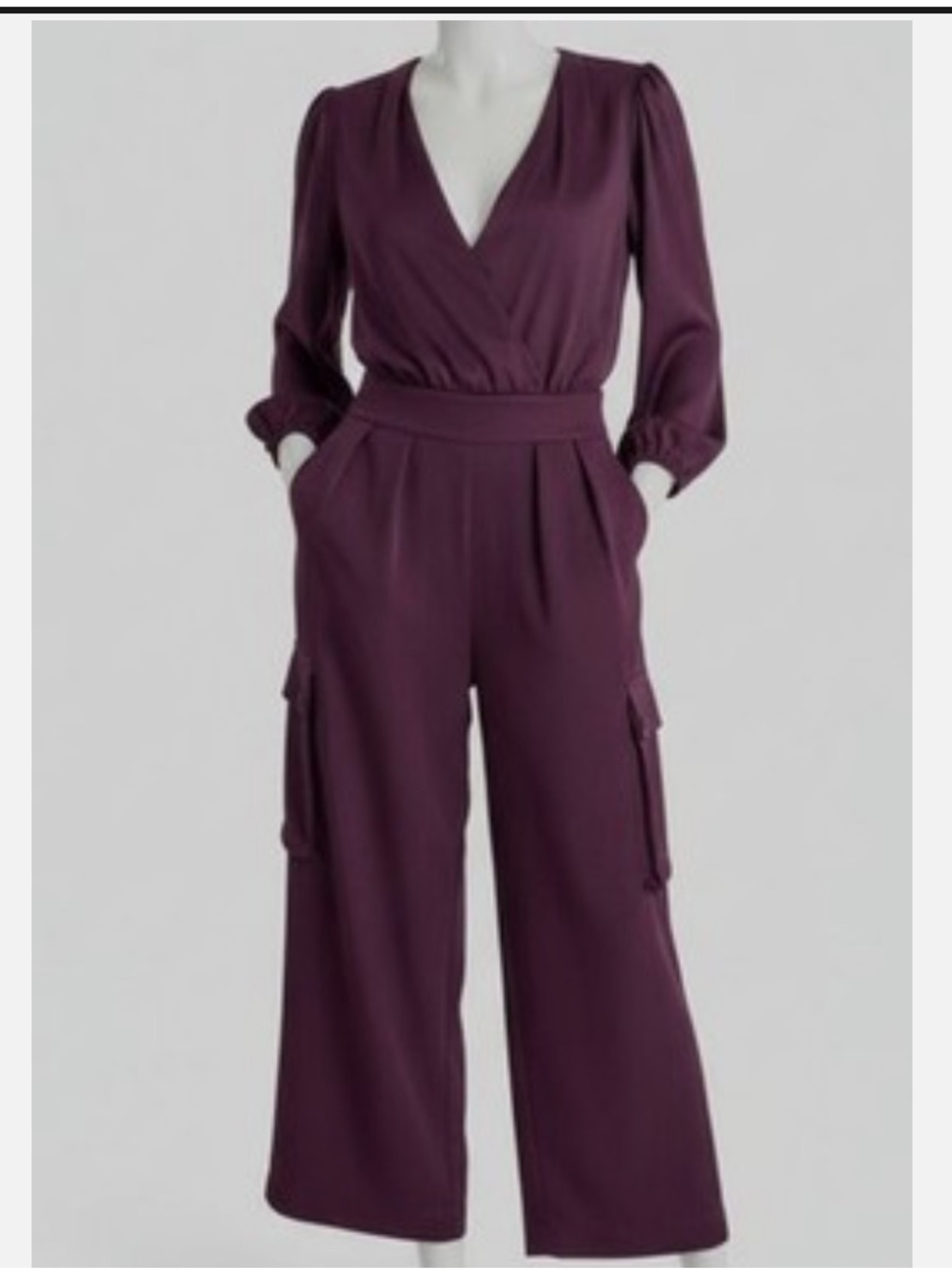 DKNY Deep Plum Wrap V-Neck Long Sleeve Jumpsuit